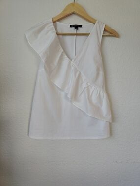 INC International Concepts White Asymmetrical Ruffle Top - Cotton Blend - Size S